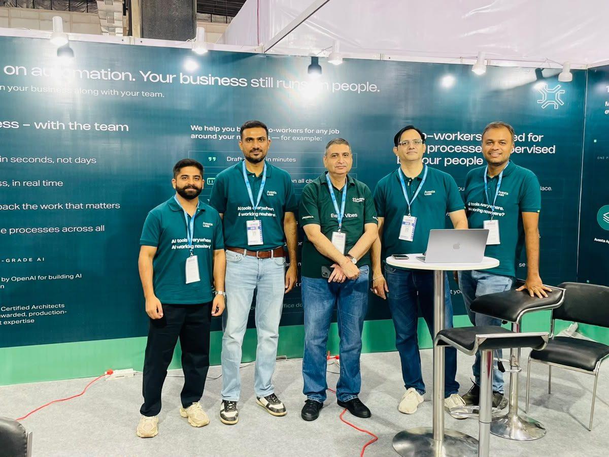 Five members of the Avesta Labs team standing at their Automation Expo 2026 stand in Mumbai