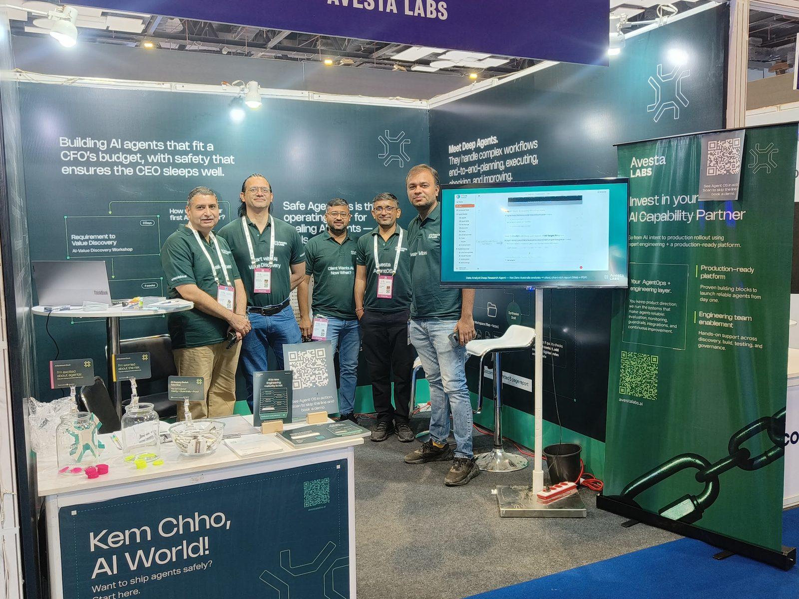 The Avesta Labs team with visitors at their booth during the India AI Impact Summit 2026 in Bharat Mandapam