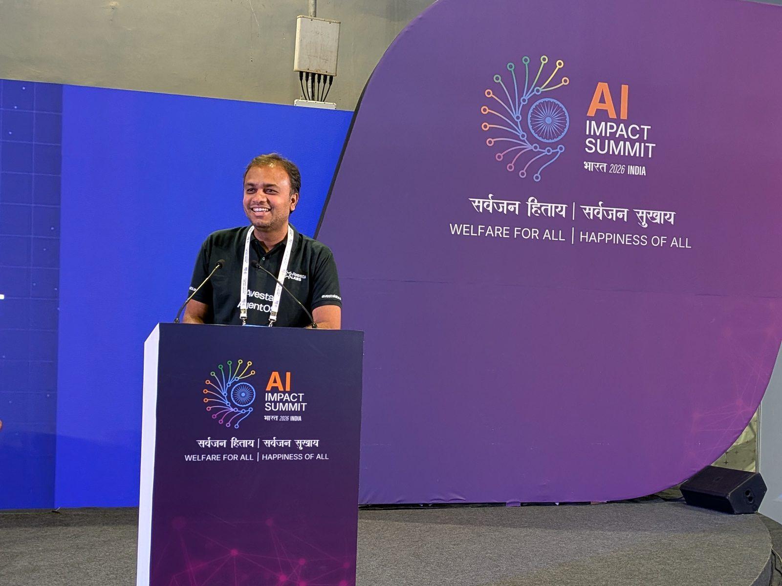 An Avesta Labs speaker presenting on stage at the India AI Impact Summit 2026