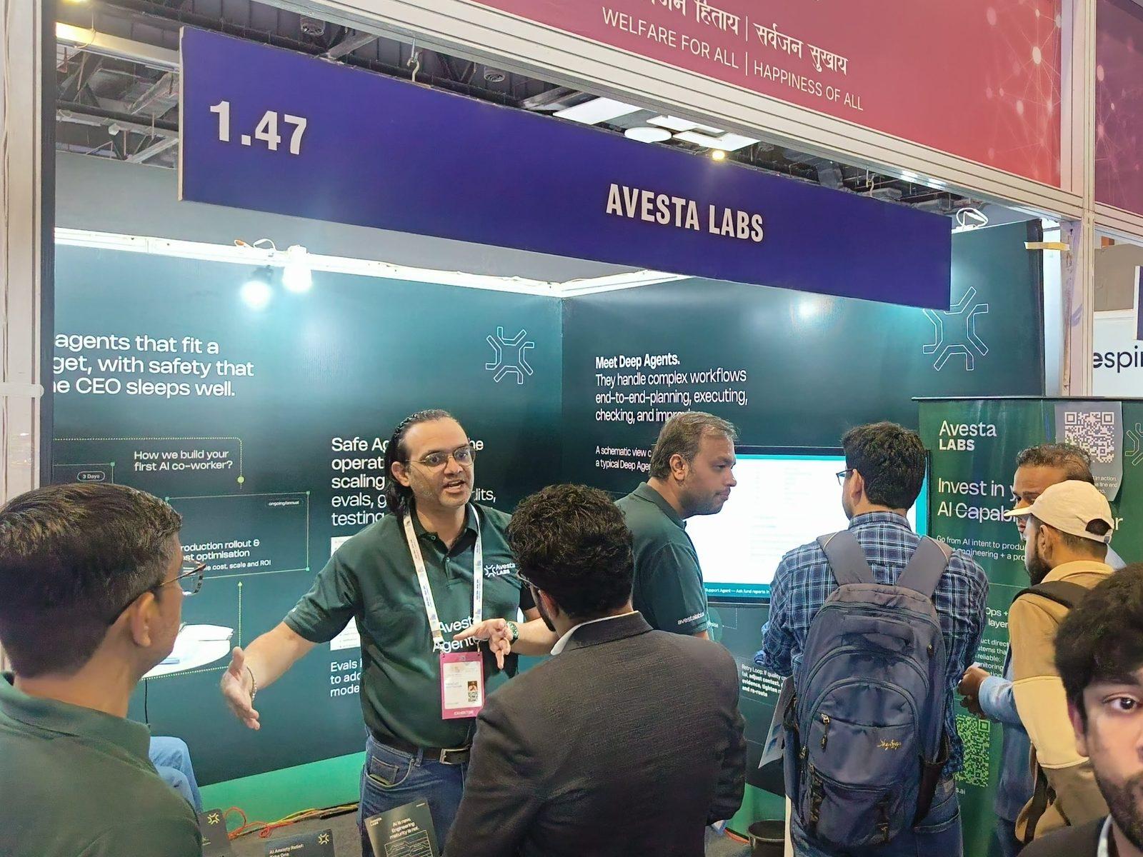 Visitors of several generations engaging with the Avesta Labs team at Booth 47, Bharat Mandapam